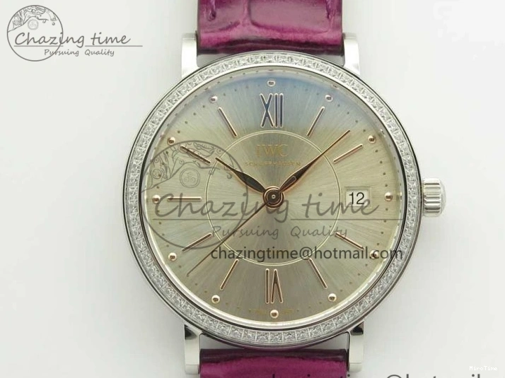 MIROTIME 0113 Portofino IW458101 Diamond Bezel SS MK 1:1 Best Edition Silver Dial On Purple Leather Strap MIYOTA Tailored 7166